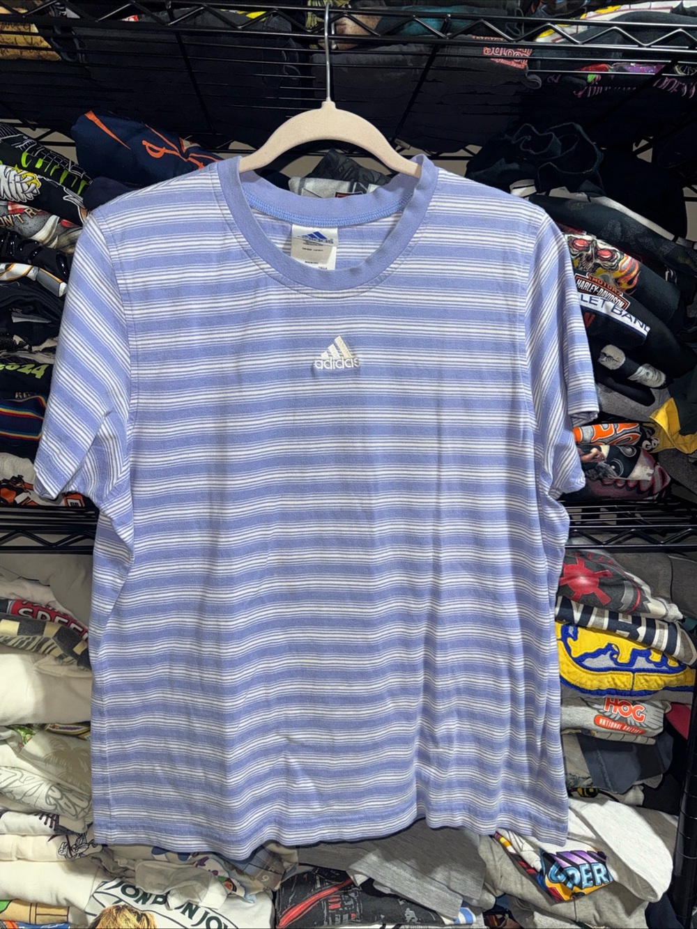 Vintage Adidas Womens Blue Striped Embroidered Shirt Size Xl